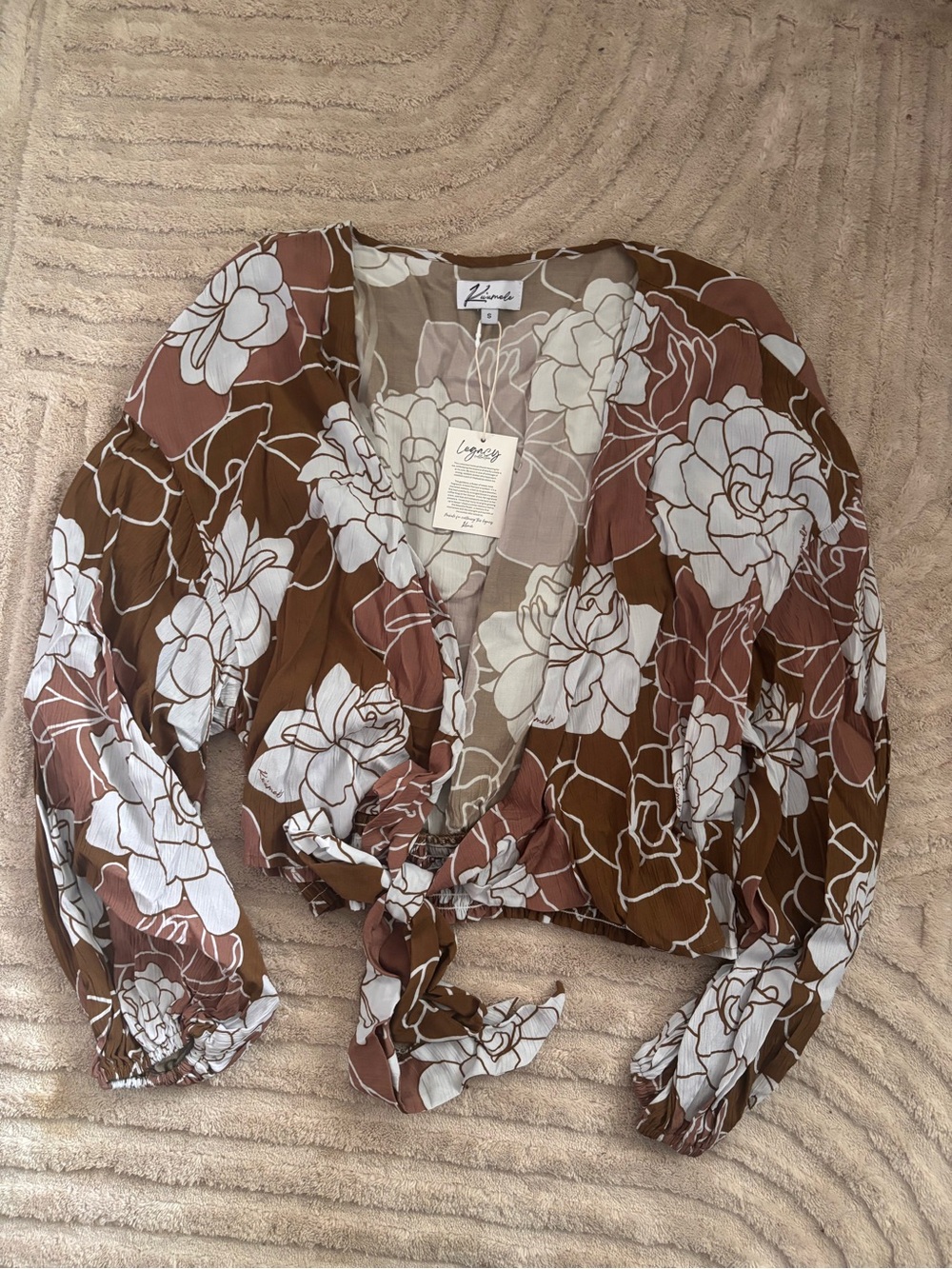 Ku’umele Brown Floral Tie-Front Blouse